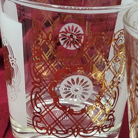 Gold Medallion Rocks Glasses White Panels Regency Barware Set 5 70s Vintage - Picture 4 of 7